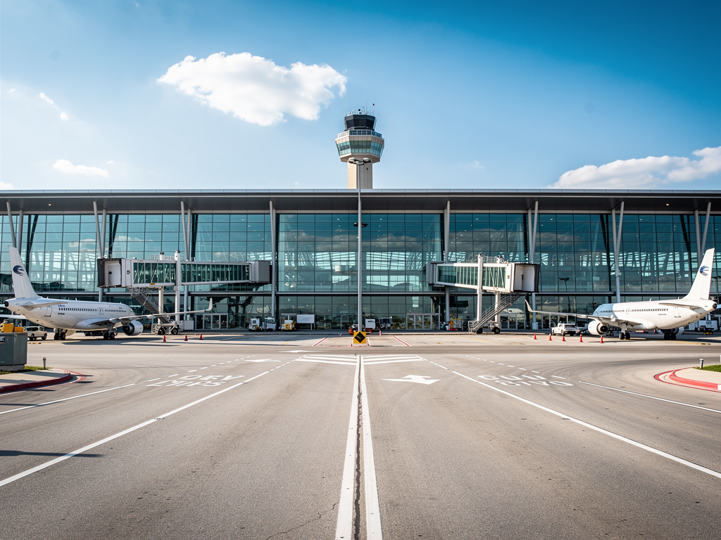 Chicago O'Hare International Airport terminal exterior with expansive glass terminals and aircraft gates,
