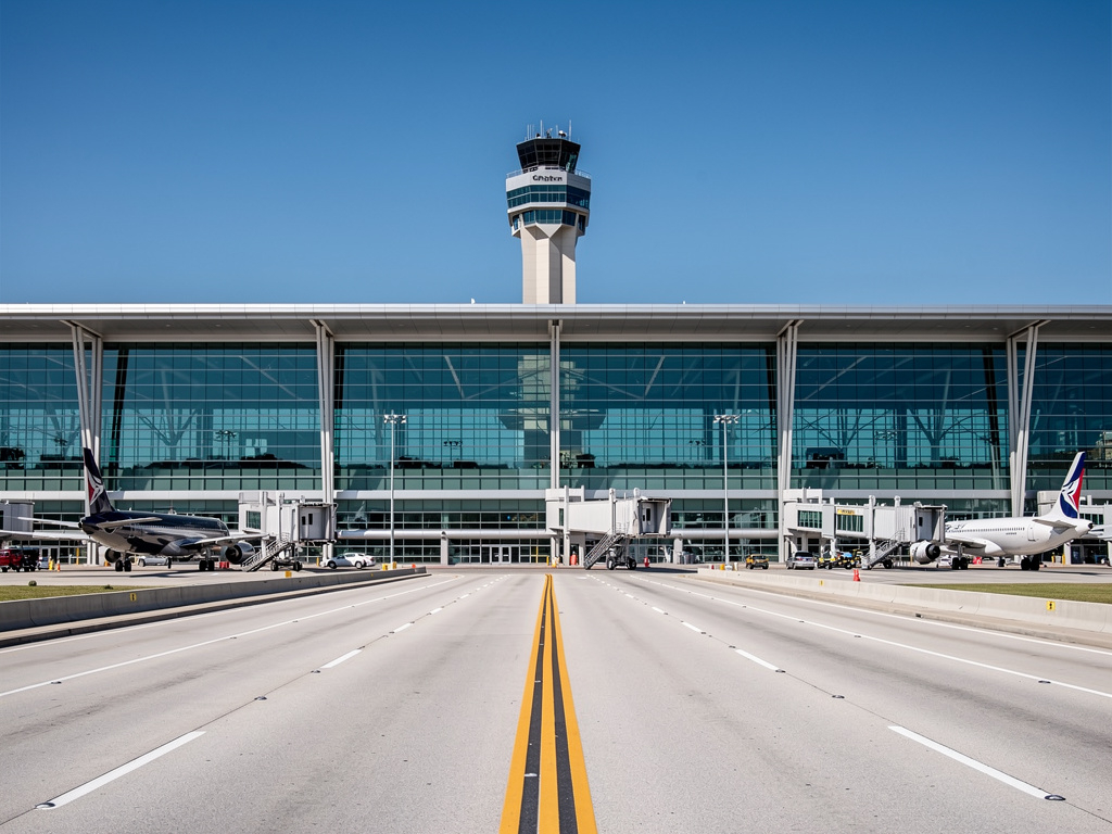 Hartsfield-Jackson Atlanta International Airport terminal exterior with large glass facade and control tower,
