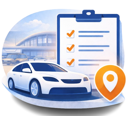Icon representing airport rental car pickup guidance and navigation assistance